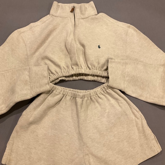 REWORKED POLO RALPH LAUREN HALF ZIP LONG-SLEEVE CROP TOP & SHORT SET OATMEAL